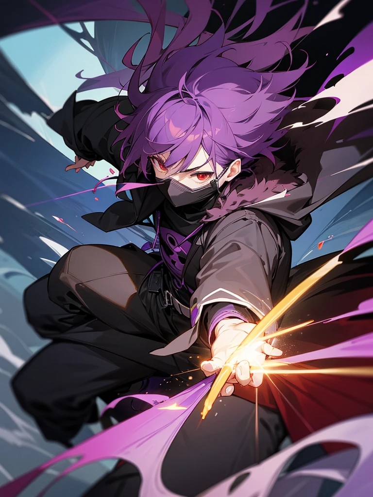 Sitting on a train: Anime character: short brown hair, bright red eyes, the entire face is covered with a black mask in the shape of a skull with purple elements, wearing a large black jacket with fur on the hood. his ability is to change gravity, when he increases gravity, a wave of purple energy emanates from all nearby bodies. from his weapons he has two pistols that shoot poisoned darts.