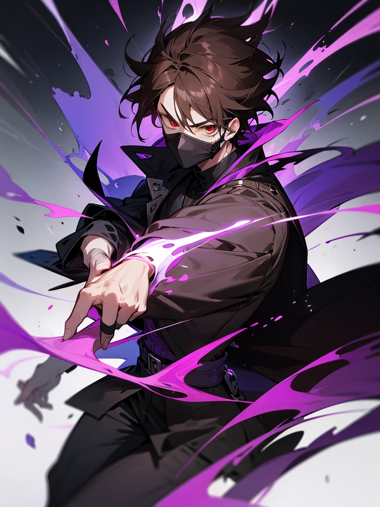 Sitting on a train: Anime character: short brown hair, bright red eyes, the entire face is covered with a black mask in the shape of a skull with purple elements, wearing a large black jacket with fur on the hood. his ability is to change gravity, when he increases gravity, a wave of purple energy emanates from all nearby bodies. from his weapons he has two pistols that shoot poisoned darts.