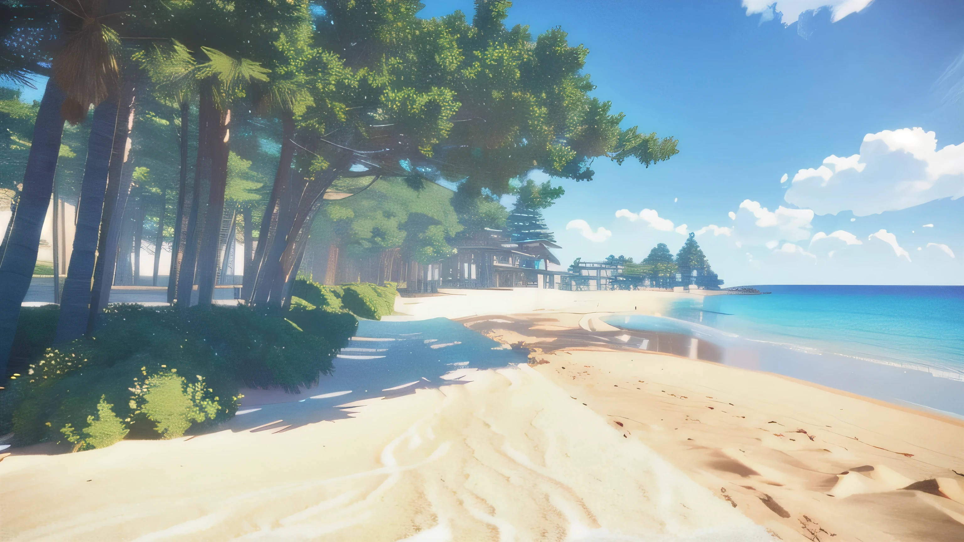 Pier and trees々There are photos of the beach with, Sandy Beach, Unity 3Dでレンダリング, Windy Beach, Beach in the foreground, Beach, ( ( 3D Rendering ) ), A very distant forest, ( ( ( ( 3D Rendering ) ) ) ), Video game stills, Beach scenery, Detailed wide shot, Ghibli Screenshots, Beach trees in the background々,Sharpen the image quality