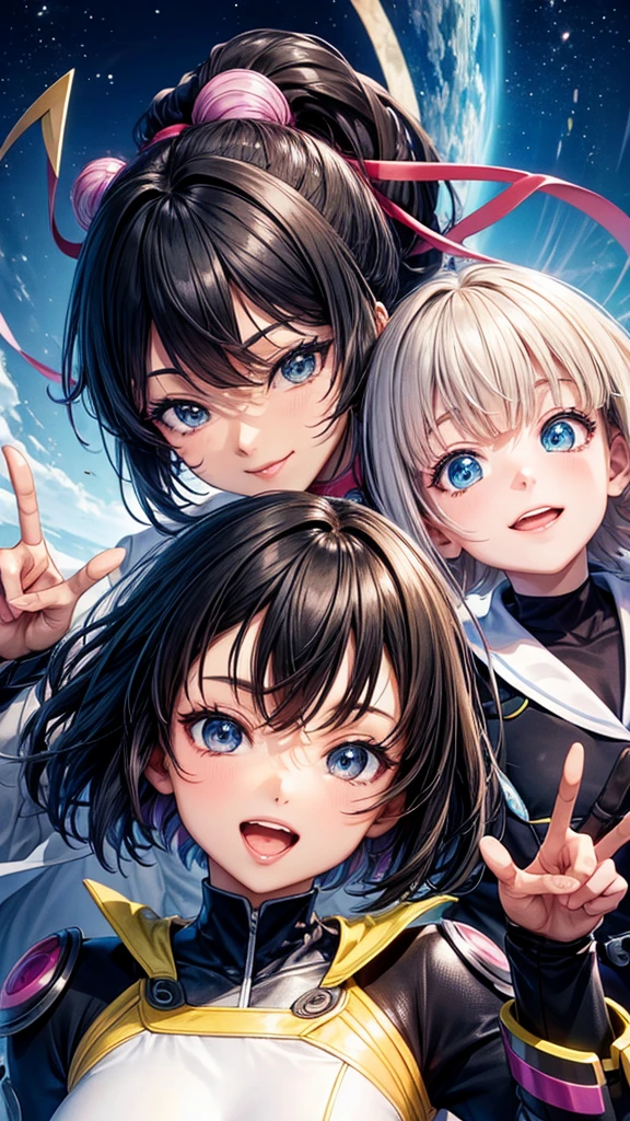 close up, anime, happy family of black people, anime style, futuristic clothes, peace fingers, nature background, high quality