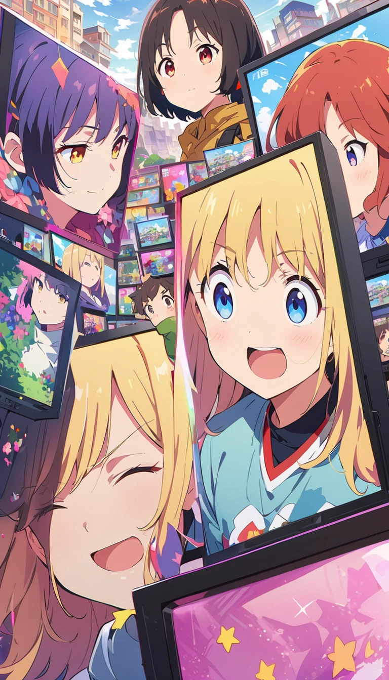 anime style, Ultra-fine illustrations, highly detailed, Dynamic Angle, beautiful detailed, 8k, In front of many CRT TVs, break various programs are being broadcasted. A woman stares at them, break smiling amidst the colorful scenes.(Highest quality、masterpiece、High resolution、detailed)animeスタイル、Flat Style、(Shining Eyes、detailed美しい顔),  break,Dynamic Angle、anime