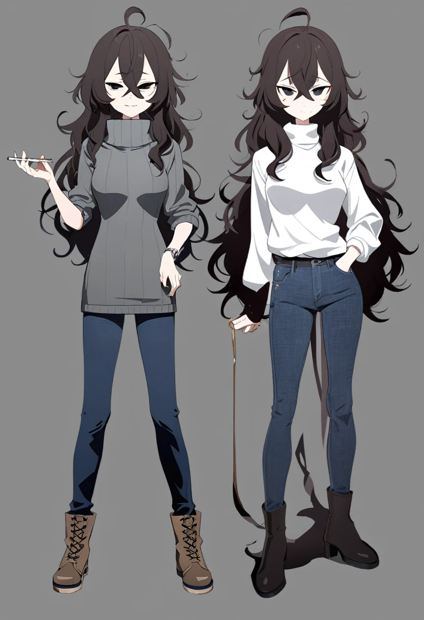 One Woman,Downer,older sister,Concept Art,Dark brown hair,Straight hair with slight inward curls,Staring eyes,Eye Ridge,black eye,Crossed bangs,whole body,smile,Slightly larger breasts,Gray background,Bangs that reach down to the eyes,Messy hair,Tight dark jeans,Gray turtleneck sweater,Multiple views of the same character,Character Design,Dark circles under the eyes,Bad look,Listless,Sloppy,Silver Jewelry,Cafe staff,Holding a cigarette,whole bodyCharacter Design,Detailed hands,Height: 170cm,boots,fleshy,