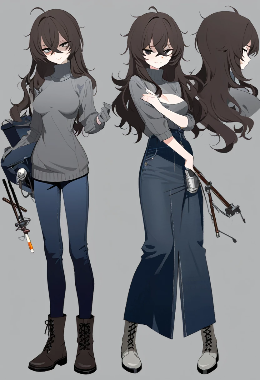 One Woman,Downer,older sister,Concept Art,Dark brown hair,Straight hair with slight inward curls,Staring eyes,Eye Ridge,black eye,Crossed bangs,whole body,smile,Slightly larger breasts,Gray background,Bangs that reach down to the eyes,Messy hair,Tight dark jeans,Gray turtleneck sweater,Multiple views of the same character,Character Design,Dark circles under the eyes,Bad look,Listless,Sloppy,Silver Jewelry,Cafe staff,Holding a cigarette,whole bodyCharacter Design,Detailed hands,Height: 170cm,boots,fleshy,