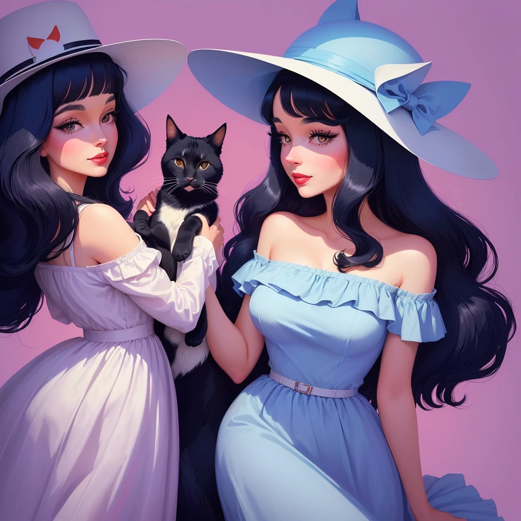 Illustration of a woman in a dress and hat with a cat and a dog., stylized illustration, 60s illustration, por Lee Loughridge, 50s illustration style, por Lisa Milroy, stylized digital illustration, por Jeka Kemp, por Carey Morris, por Pat Adams, 1 9 6 0 s Arte, por Kaja Foglio