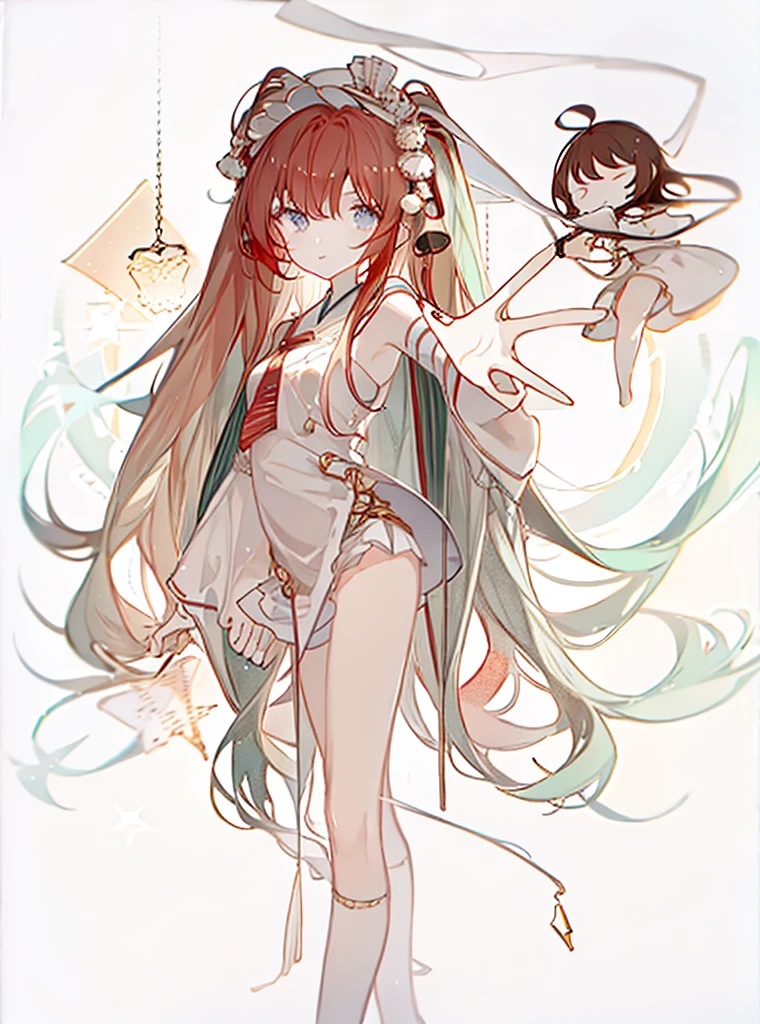 Standing picture，Character Design，whole body，Red long hair，apple，cute