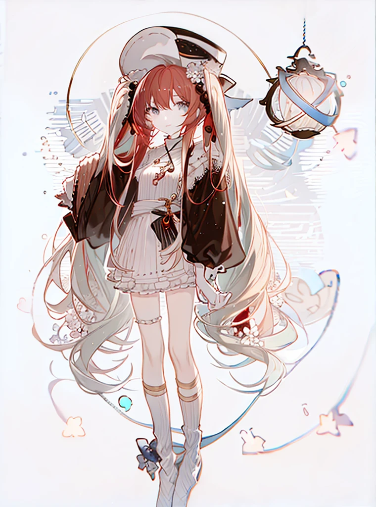 Standing picture，Character Design，whole body，Red long hair，apple，cute