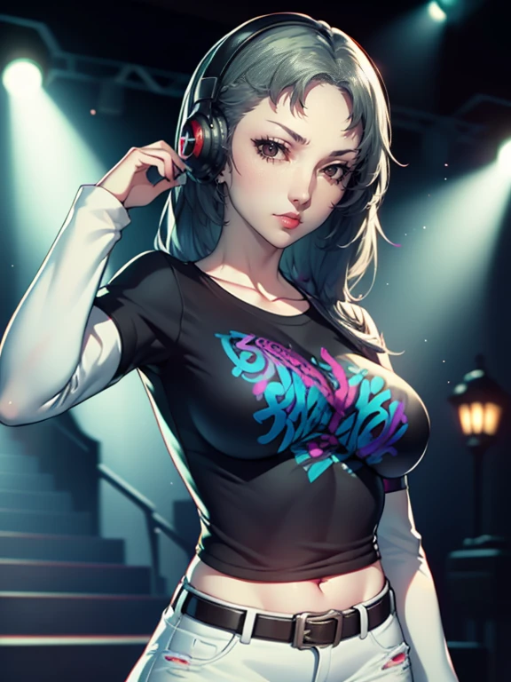 SaeP5,earrings ,lipstick, eye shadow, makeup, 1girl, solo, black t-shirt, white shirt, blue jeans, belt, lipstick, large breasts, layered sleeves, sexy pose, holding a micrphone, singing, stage background, headphones