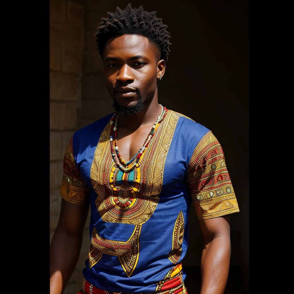 Your task is to design an African-style t-shirt.for mens Consider incorporating traditional African patterns, colors, symbols, or motifs to create a visually striking and culturally significant piece of clothing. Ensure that the design is versatile enough to be worn casually or as a statement piece