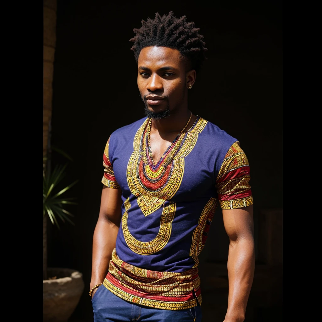 Your task is to design an African-style t-shirt.for mens Consider incorporating traditional African patterns, colors, symbols, or motifs to create a visually striking and culturally significant piece of clothing. Ensure that the design is versatile enough to be worn casually or as a statement piece