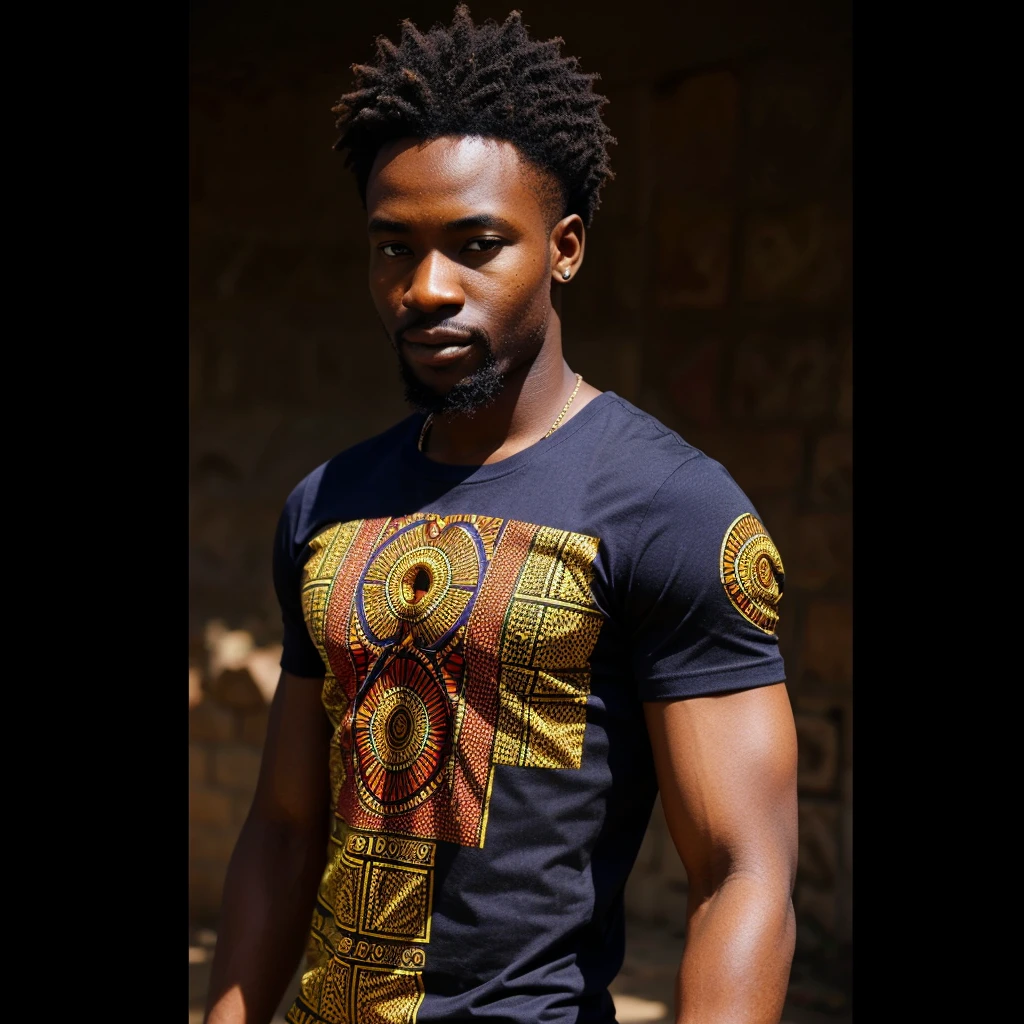 Your task is to design an African-style t-shirt.for mens Consider incorporating traditional African patterns, colors, symbols, or motifs to create a visually striking and culturally significant piece of clothing. Ensure that the design is versatile enough to be worn casually or as a statement piece