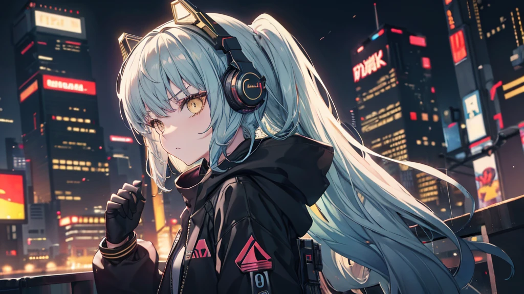 Golden Eyes、Cyberpunk City、Medium Long Hair、Wearing cool headphones,{{{{{{{{ Oversized black hoodie }}}}}}}},beautiful and delicate Golden Eyes,thought,Black clothes,
