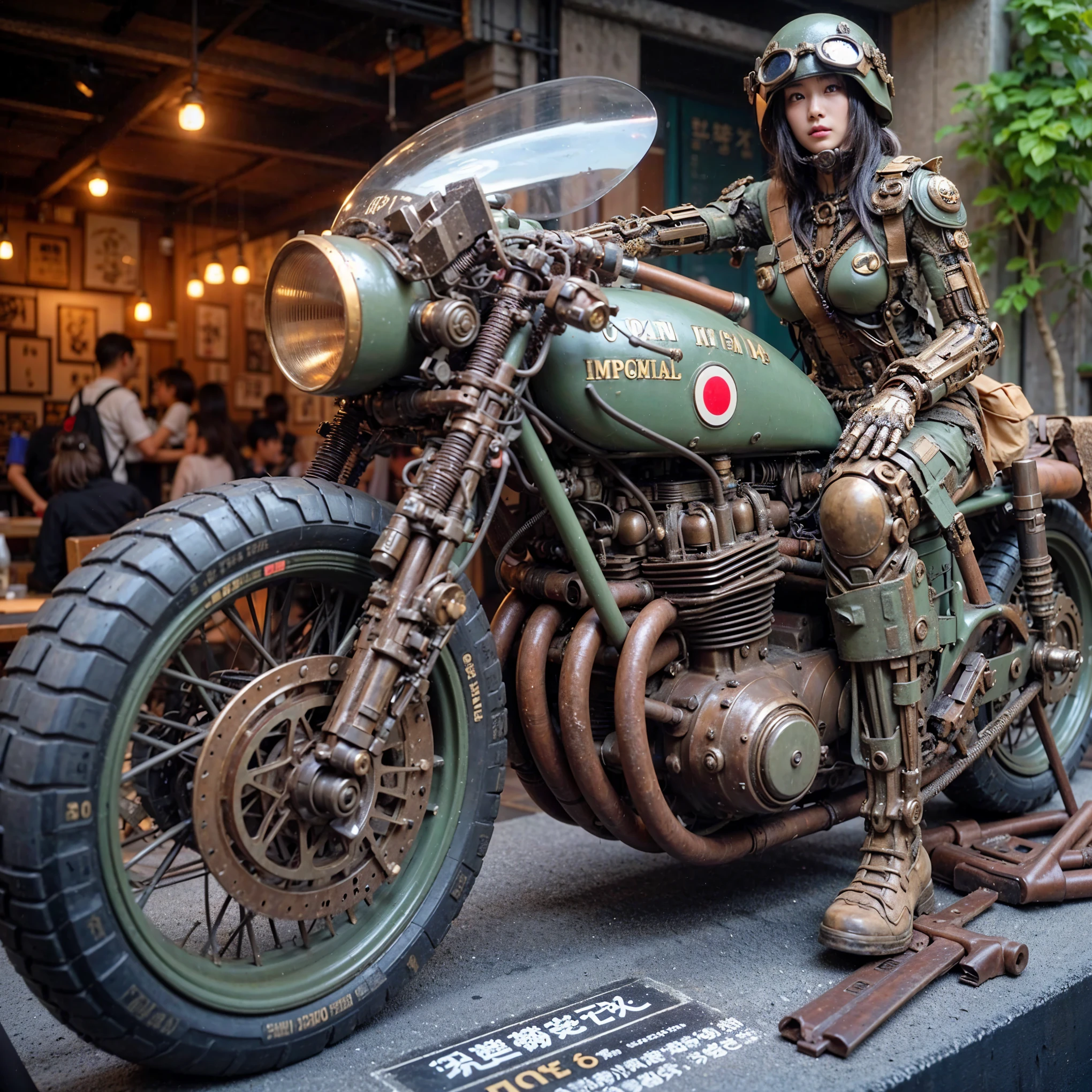 Dystopian night scene, very intricate details, Japanese woman wearing model-like armor, beautiful face, legs, cylinders that look like muscles, pose in motion, 8k, ultra high resolution, super realism, realistic photo, taken with Fuji film X-T30.+Nokton. HDR10