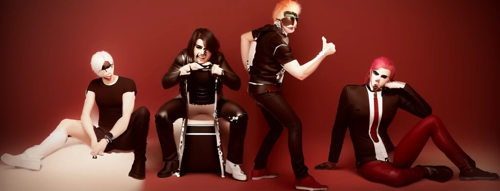 candid photo of a male heavy metal glam rock singers in colorful leather clothing with rivets and rhinestones are posing before the camera. --style raw --s 0 --ar 10:16 --v 6.0