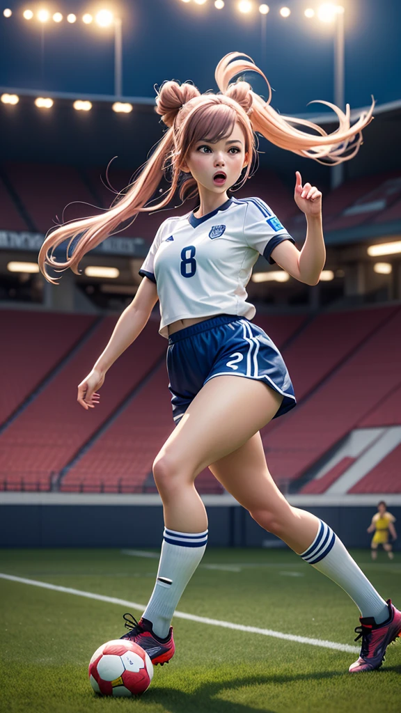 (top-quality, 8K, ?masterpiece:1.3) A portrait of a determined anime girl mid-action on the soccer field, about to kick the ball with intense focus. She wears a soccer uniform with a sweatband. The background features a stadium with cheering crowds, bright stadium lights, and a clear night sky. The image should emphasize detailed elements of her athletic pose, the dynamic soccer field, and the energetic, competitive atmosphere.