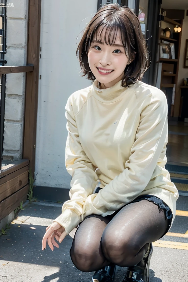 Photos taken by a professional photographer,Close-up of a woman squatting on the sidewalk with her legs crossed, Kiko Mizuhara, Wear a sweater, Shirahime cuts her brown hair, Wear a sweater, Young and pretty girl, Japanese Model, 白いWear a sweater, Chiho, ランダムカラーのカジュアルなWear a sweater,Cute eyed waves for short hair, a Cute young woman, Cute young woman, Black Pantyhose,black tights,Black high heels,