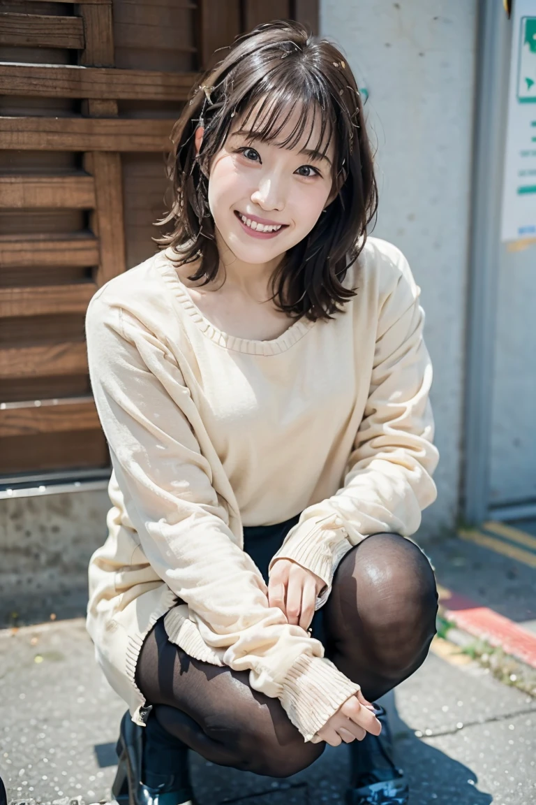 Photos taken by a professional photographer,Close-up of a woman squatting on the sidewalk with her legs crossed, Kiko Mizuhara, Wear a sweater, Shirahime cuts her brown hair, Wear a sweater, Young and pretty girl, Japanese Model, 白いWear a sweater, Chiho, ランダムカラーのカジュアルなWear a sweater,Cute eyed waves for short hair, a Cute young woman, Cute young woman, Black Pantyhose,black tights,Black high heels,