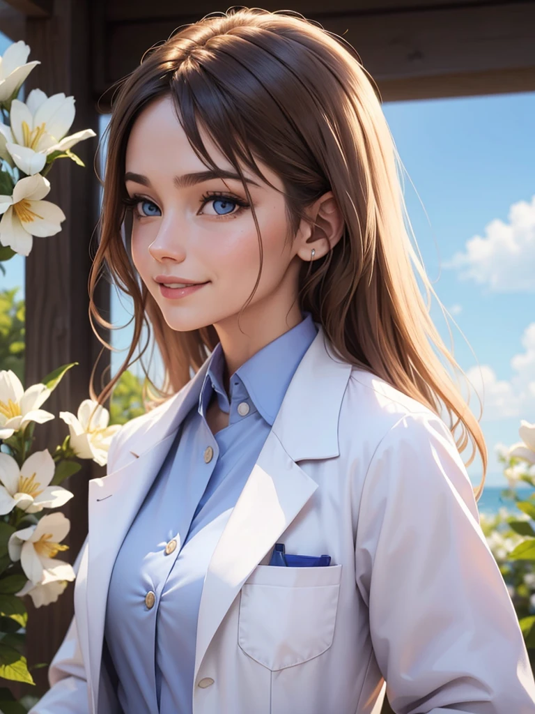 beautiful humanization of medicine, noble young smiling woman in a white medical coat, brown hair, huge light blue eyes full of kindness and happiness, blooming flowers, colors of shadows and light, color scheme, expressive careful detailed drawing, super detailed, delicate natural shades, shine, natural surroundings, beauty, good angle, double exposure, depth, sharpness, captivating haze