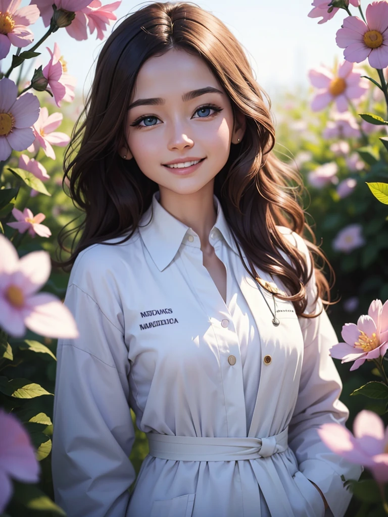 beautiful humanization of medicine, noble young smiling woman in a white medical coat, brown hair, huge light blue eyes full of kindness and happiness, blooming flowers, colors of shadows and light, color scheme, expressive careful detailed drawing, super detailed, delicate natural shades, shine, natural surroundings, beauty, good angle, double exposure, depth, sharpness, captivating haze