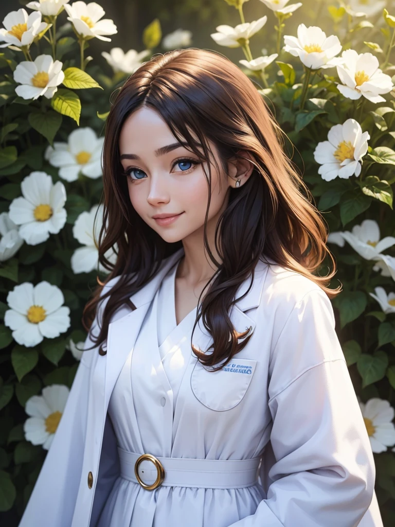 beautiful humanization of medicine, noble young smiling woman in a white medical coat, brown hair, huge light blue eyes full of kindness and happiness, blooming flowers, colors of shadows and light, color scheme, expressive careful detailed drawing, super detailed, delicate natural shades, shine, natural surroundings, beauty, good angle, double exposure, depth, sharpness, captivating haze