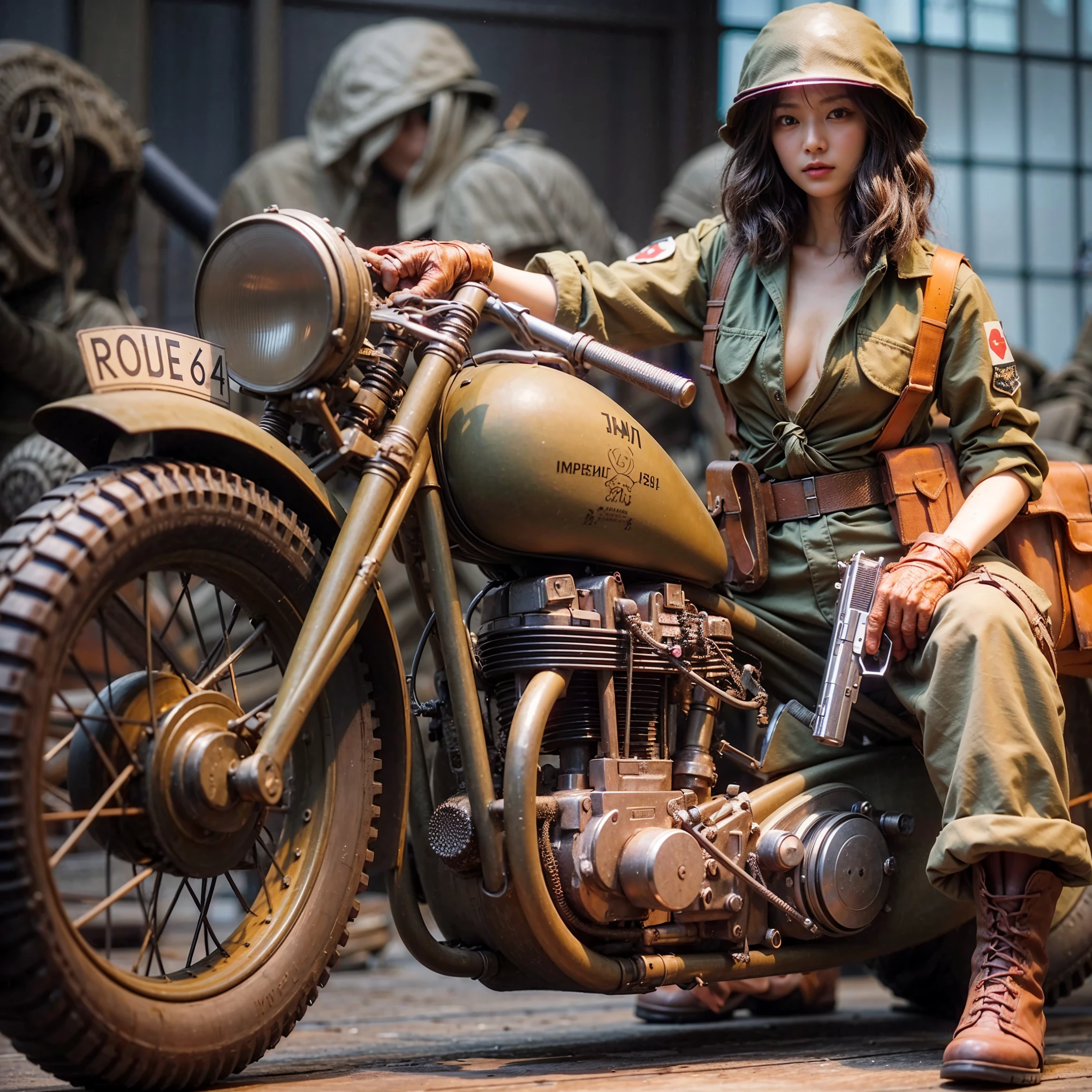 Dystopian night scene, very intricate details, Japanese woman wearing model-like armor, beautiful face, legs, cylinders that look like muscles, pose in motion, 8k, ultra high resolution, super realism, realistic photo, taken with Fuji film X-T30.+Nokton. HDR10