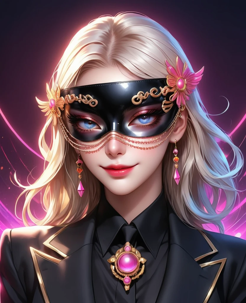(Digital Illustration,Detailed anime style,Heavy Metal Cyberpunk,Pearl tassel eye mask,Girl wearing eye mask,Queen aura,out a hand,Solitary,symmetry),(Big colorful eyes,Fashionable and exquisite facial features,Exquisite makeup,Smooth skin,Smile,Soulful gaze,),(Hair Bunch),(Black suit,Epaulettes-Chain,cool,),(((Correct human anatomy))),Radioactive geometric dynamic light wave background