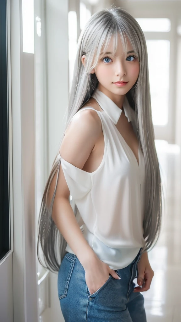(High exposure:1.8)、(Staring at the viewer as if in love:1.8)、The Shining, clear, White skin、Her windblown silver hair hides her beautiful face..、Huge、Sexy beautiful face of 28 years old、Beautiful straight hair that stands out、growing up, light blue eyes shimmering、Sexy long silky bangs that cover the eyes, Sexy young woman with super long hair hiding her sexy face、The Shining silver hair、(((Sexy Woman)))