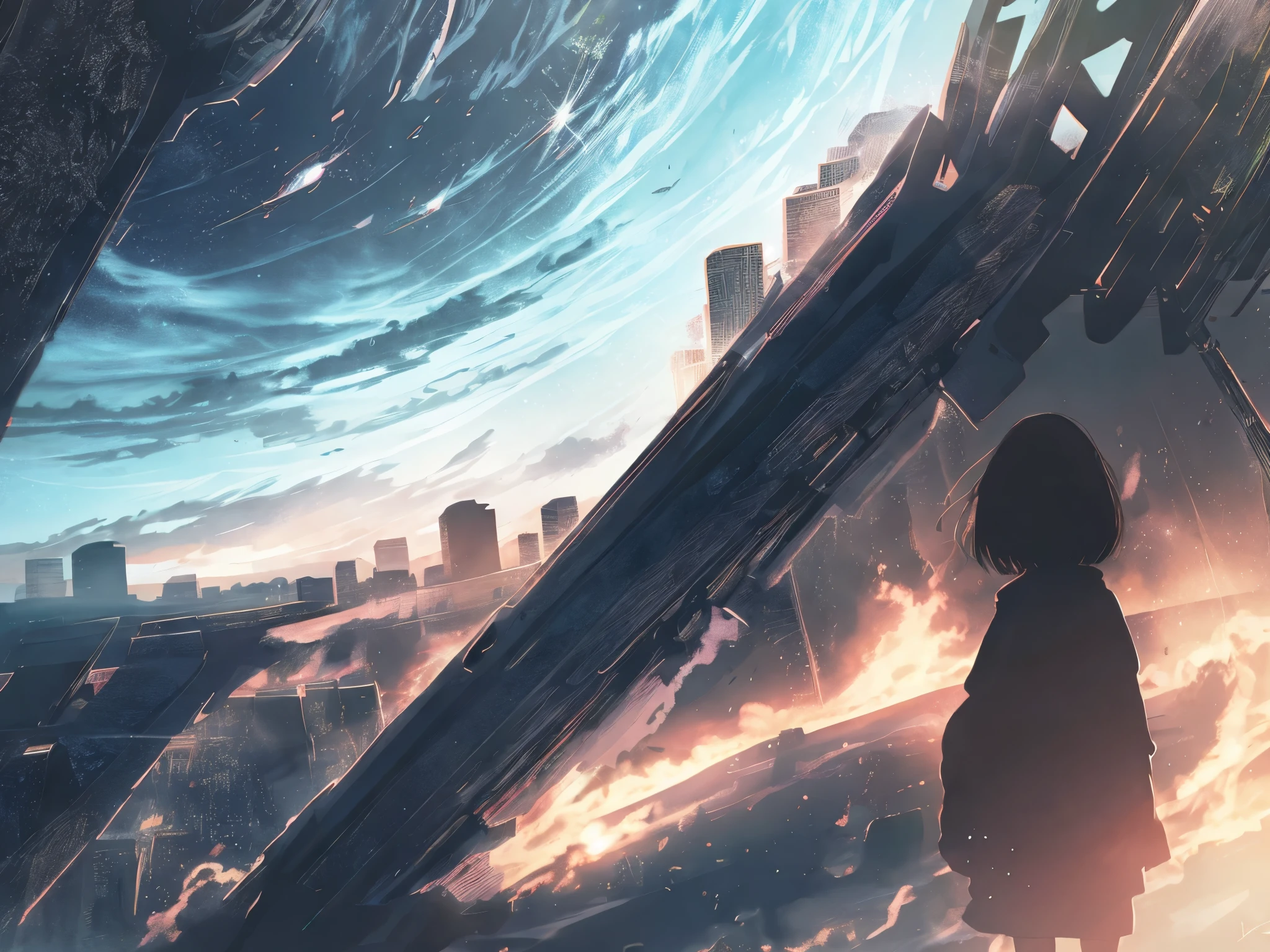anime,silhouette,One girl, headphone、Back view、blonde、Grab the microphone、sing、star (null), cloud, cityscape, building, city, Outdoor, nullscraper, city lights, night, night null, sunset, nullline
