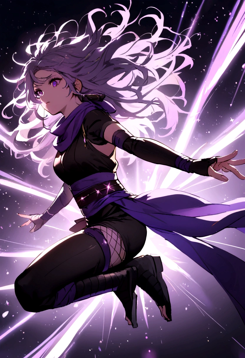 ninja , female , long hair , messy hair , jumping , purple sparkles, neon sparkles