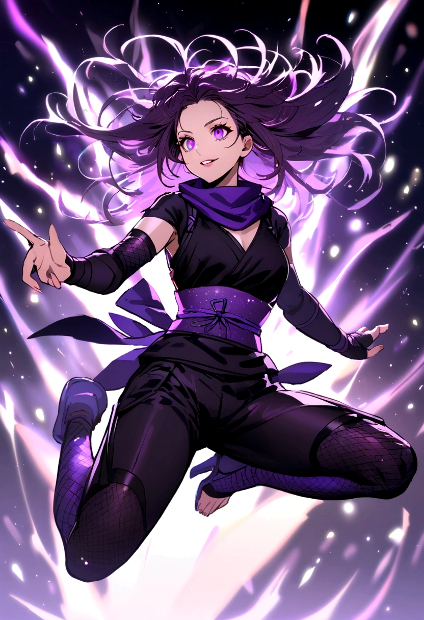 ninja , female , long hair , messy hair , jumping , purple sparkles, neon sparkles