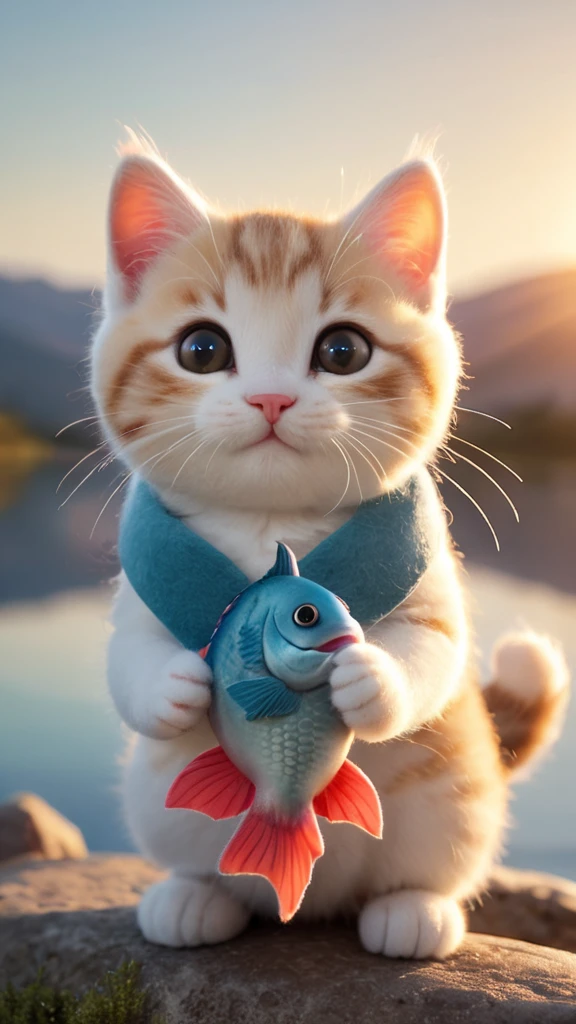 a small, simple, cuddly felt fat kitten holding a fish in its tiny hands, gazing directly into the camera with a joyful smile. The scene is so sweet that it melts even the toughest hearts. Describe the loving atmosphere created by the combination of felt, smiles, and hearts diring a beautiful sunrise 