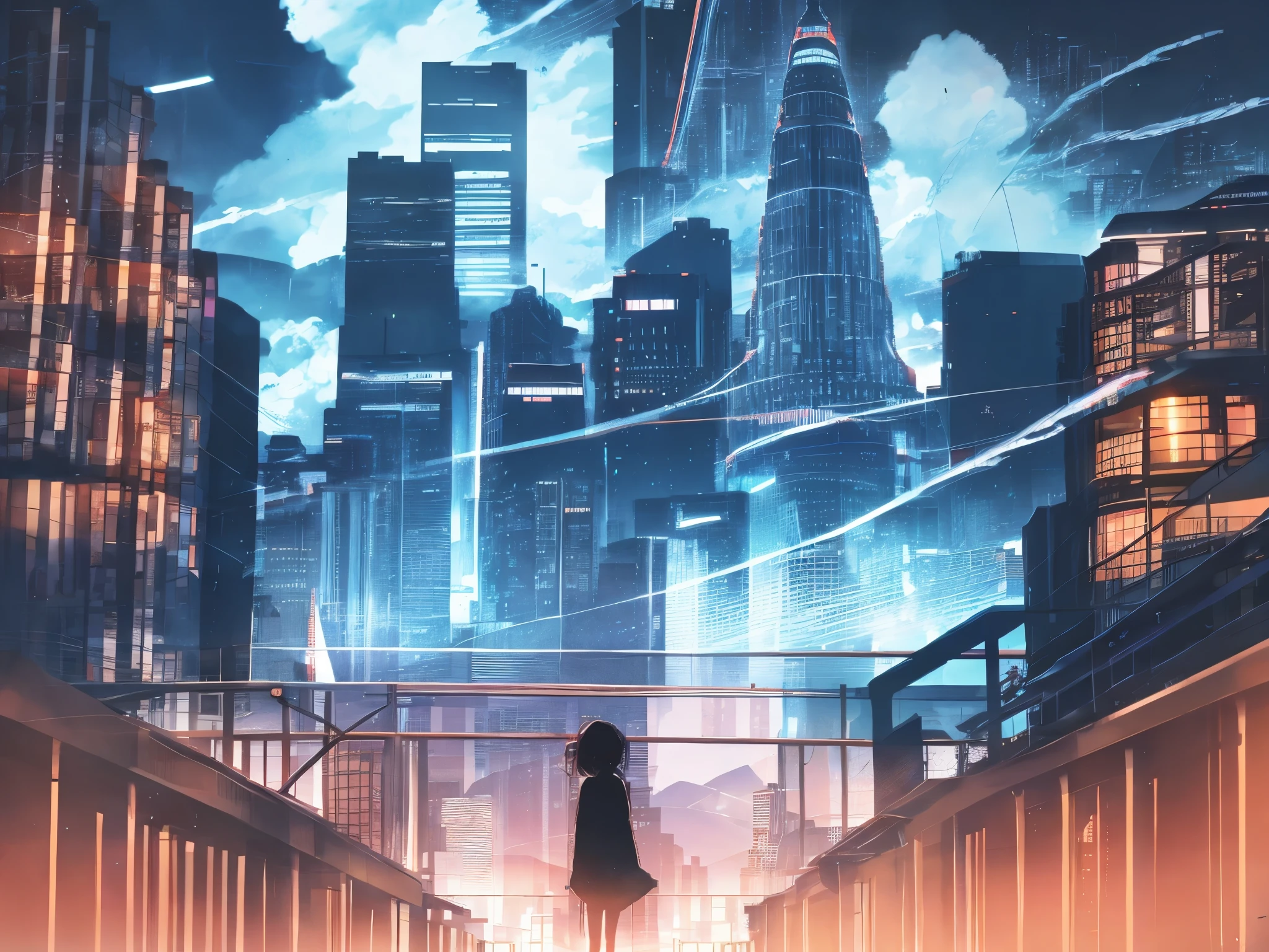anime,silhouette,One girl, headphone、Back view、blonde、Grab the microphone、sing、star (null), cloud, cityscape, building, city, Outdoor, nullscraper, city lights, night, night null, sunset, nullline