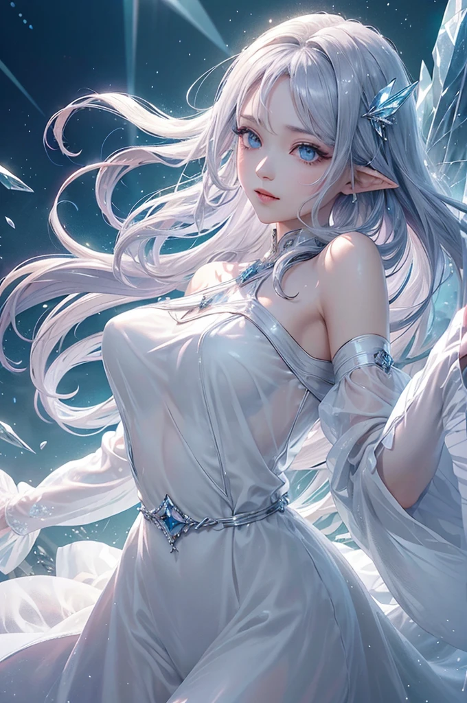 (masterpiece、Highest品質、Highest、Official Art、Beautiful and aesthetic、Long Exposure:1.2)、Smooth movement、Attractive patterns、One Girl、(Long dress with sleeves:1.3)、(((White clothes)))、Upper body close-up、Exposing shoulders、Korean Girls、smile、Light purple long hair、Portraiture、solo、Upper body、Looking at the observer、Detailed Background、Detailed face、(Crystallized AI、Crystal Theme:1.1)、Elemental Wind Elf、回転Wind、 Wind、White crystal clothes、Off the shoulder、Dynamic pose、Suspended particles、Aether Dynamics、旋Wind、vapor、背景に旋Wind、White Tone、旋Wind、Ethereal atmosphere、