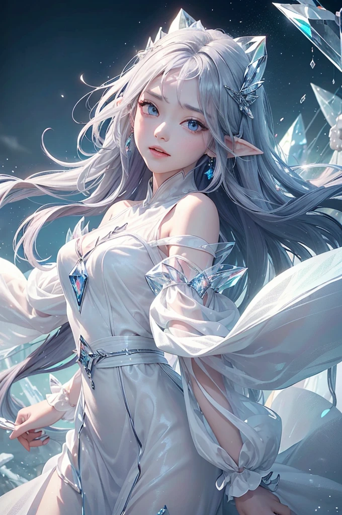 (masterpiece、Highest品質、Highest、Official Art、Beautiful and aesthetic、Long Exposure:1.2)、Smooth movement、Attractive patterns、One Girl、(Long dress with sleeves:1.3)、(((White clothes)))、Upper body close-up、Exposing shoulders、Korean Girls、smile、Light purple long hair、Portraiture、solo、Upper body、Looking at the observer、Detailed Background、Detailed face、(Crystallized AI、Crystal Theme:1.1)、Elemental Wind Elf、回転Wind、 Wind、White crystal clothes、Off the shoulder、Dynamic pose、Suspended particles、Aether Dynamics、旋Wind、vapor、背景に旋Wind、White Tone、旋Wind、Ethereal atmosphere、