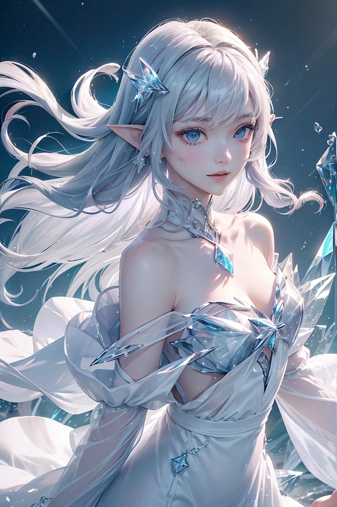(masterpiece、Highest品質、Highest、Official Art、Beautiful and aesthetic、Long Exposure:1.2)、Smooth movement、Attractive patterns、One Girl、(Long dress with sleeves:1.3)、(((White clothes)))、Upper body close-up、Exposing shoulders、Korean Girls、smile、Light purple long hair、Portraiture、solo、Upper body、Looking at the observer、Detailed Background、Detailed face、(Crystallized AI、Crystal Theme:1.1)、Elemental Wind Elf、回転Wind、 Wind、White crystal clothes、Off the shoulder、Dynamic pose、Suspended particles、Aether Dynamics、旋Wind、vapor、背景に旋Wind、White Tone、旋Wind、Ethereal atmosphere、
