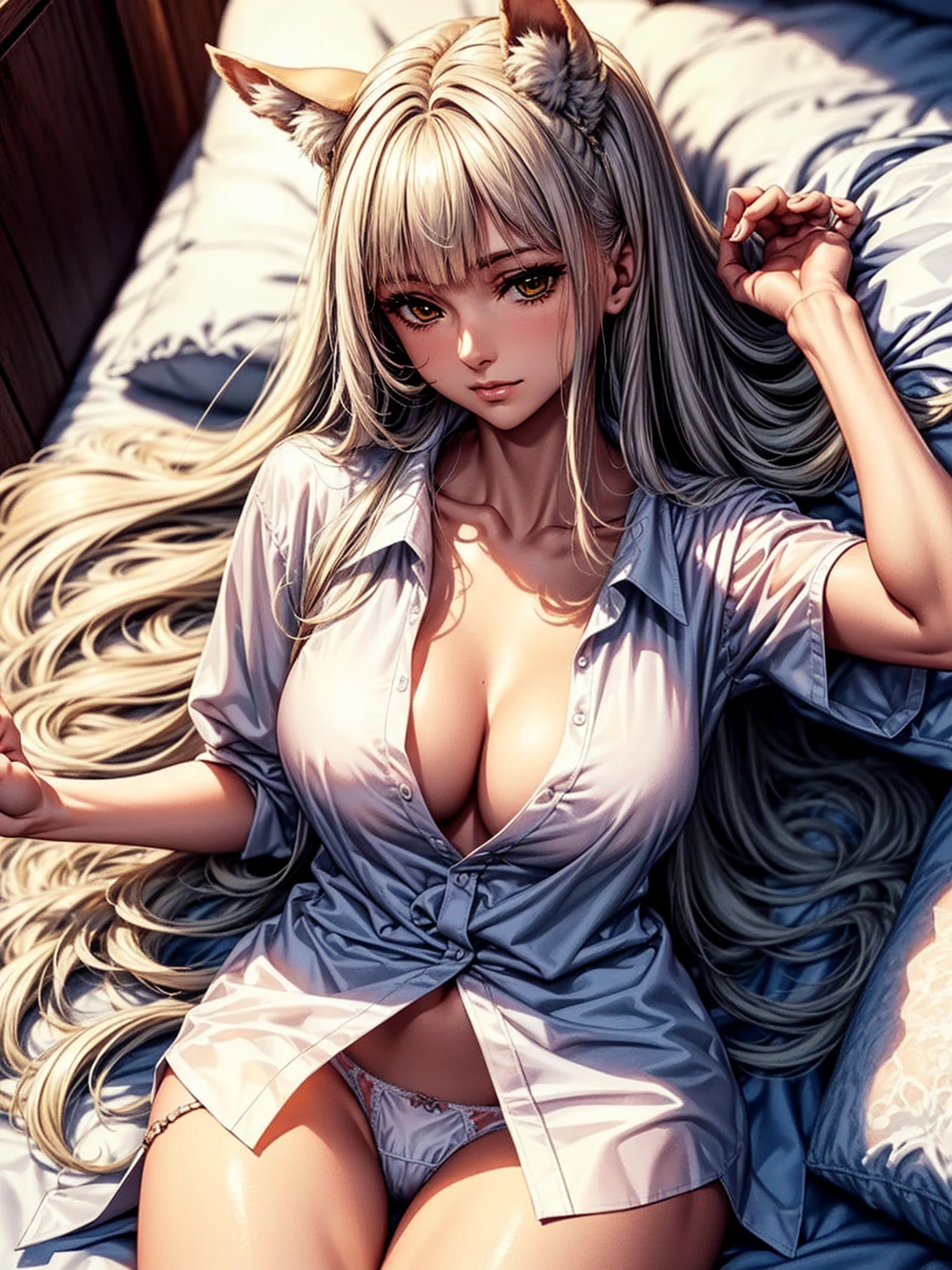 (top quality、masterpiece、very high resolution、Ultra high quality、High quality pixels)、perfect eyes, perfect face, alone,8k, large breasts,(Detailed description of hair), (Detailed description of face),(detailed description of body), Fair and translucent skin, gorgeous, long legs, facing the audience, Professional photography lighting,(Detailed yellow eyeball: 1.2), white hair, Girlfriend style, gentle expression, cowboy shot, (white oversized formal shirt: 1.2), model posture, pantless, (long shirt covering underwear:1.3), girlfriend ssmile, Sit, bed, horse ear, long straight bangs, long straight hair, lying down on the bed, proper hand shape
