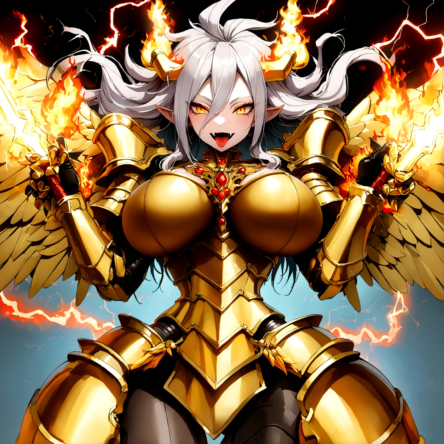 ((Lightning Power)), ((Electricity)), ((Fire Background)), ((Lightning Storm)), ((Power Erupting)),((((android 21 Evil)))), (((white Coat))), (((Busty))), (((((Big breast:1,3)))), luxury bustier corset, (((silver hair))), (((Very slim waist))), propotional body, ((Gorgeous)), (((gold wings))), masterpiece, hyperdetail, ambient effect, digital effect, (((Vampire Fangs))), (((FIRE SWORD)), (((Lightning Sword))), (((Fire Gold Armor))), (((Lightning Gold Wings))), (((Fire Blazing Horns)))