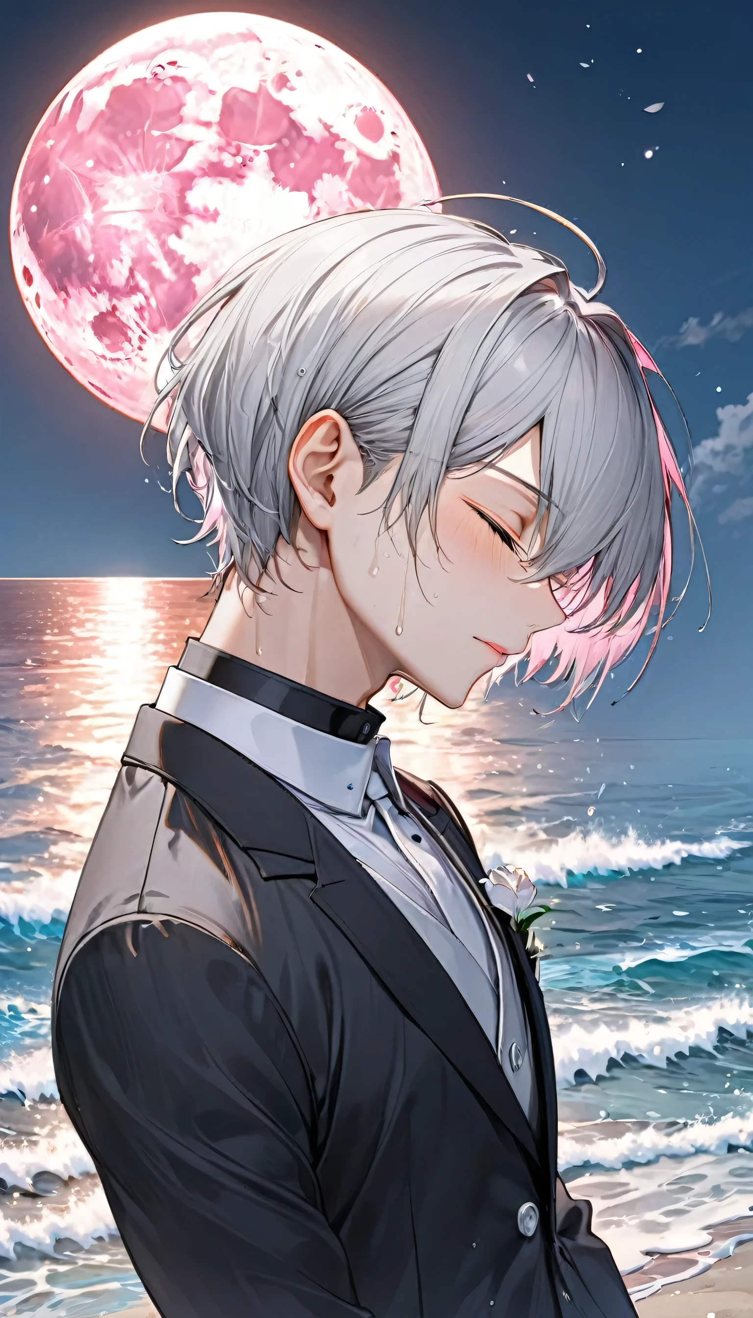 (profile:2), (love style) ((16 yo)), (solo:2 crew cut silver hair very short hair divine cool boy, serious closed eyes, sweaty skin), break, (in a butler suit), break, (in the open ocean view beach), (background detailed biggest pink moon), BREAK, perfect anatomy, masterpiece, best quality, 16k, beautiful detailed grow, daydreaming expression.