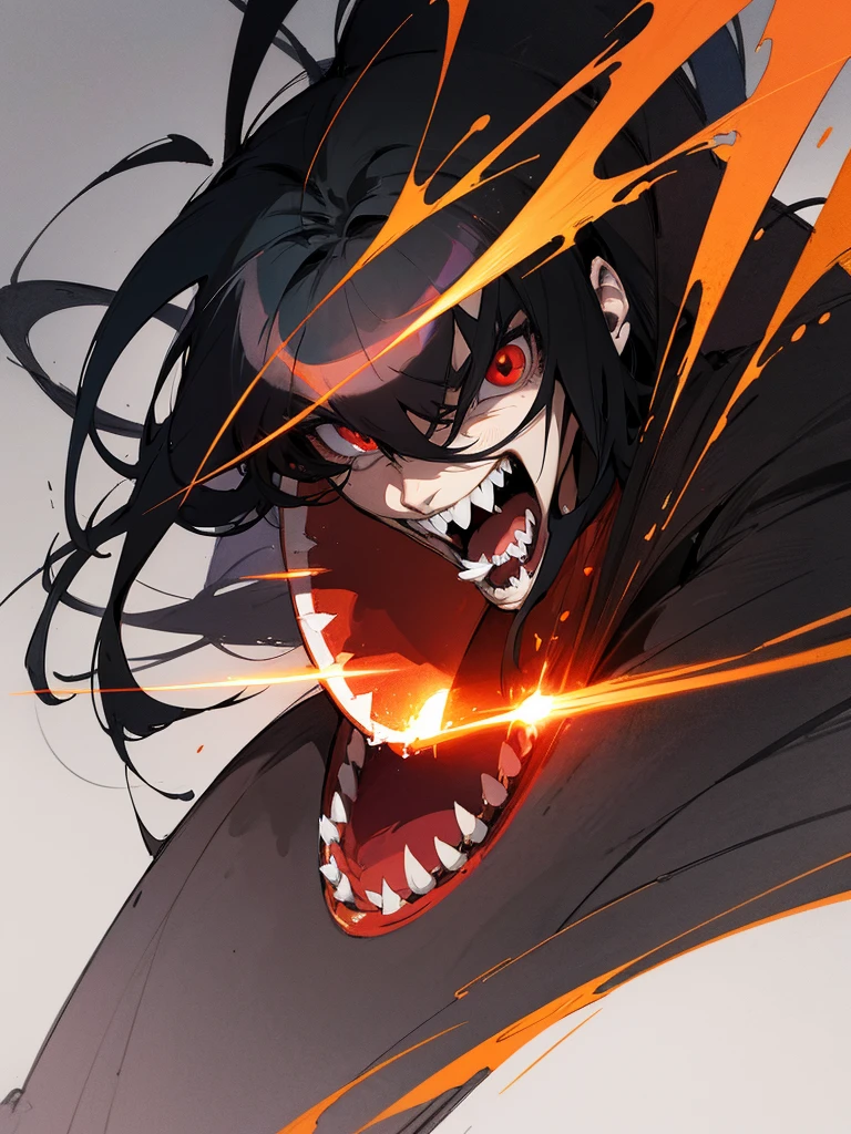 anime art oil: shoots a large red laser beam from its mouth, the laser comes right out of the mouth: Anime character: boy, long black hair, Red eyes, sharp teeth. Sketch caricature. Realistic detailed style high detail, Drawing. watercolor, colored pencils, circled with black pen. Realistic style with detailed anime art, dark gloomy graphics.