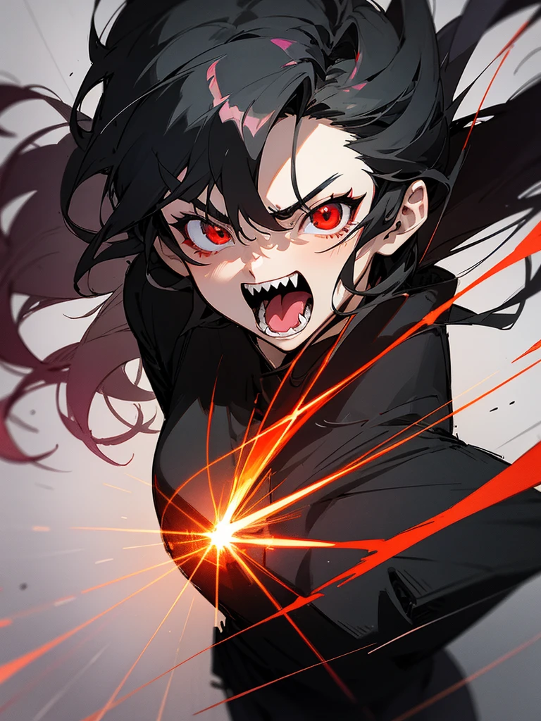 anime art oil: shoots a large red laser beam from its mouth, the laser comes right out of the mouth: Anime character: boy, long black hair, Red eyes, sharp teeth. Sketch caricature. Realistic detailed style high detail, Drawing. watercolor, colored pencils, circled with black pen. Realistic style with detailed anime art, dark gloomy graphics.