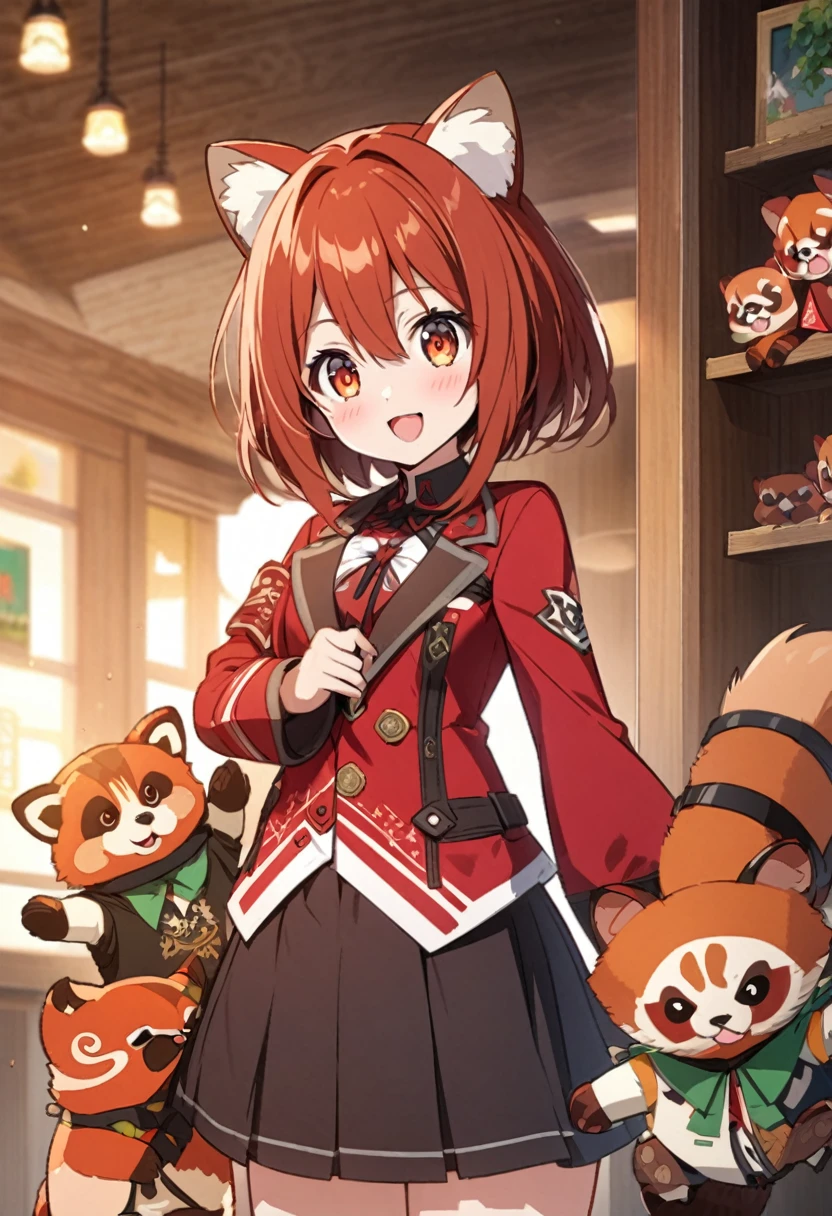 Come up with an anime character design from the show "Welcome Home".Puppet.The drawn details. The red panda. Girl