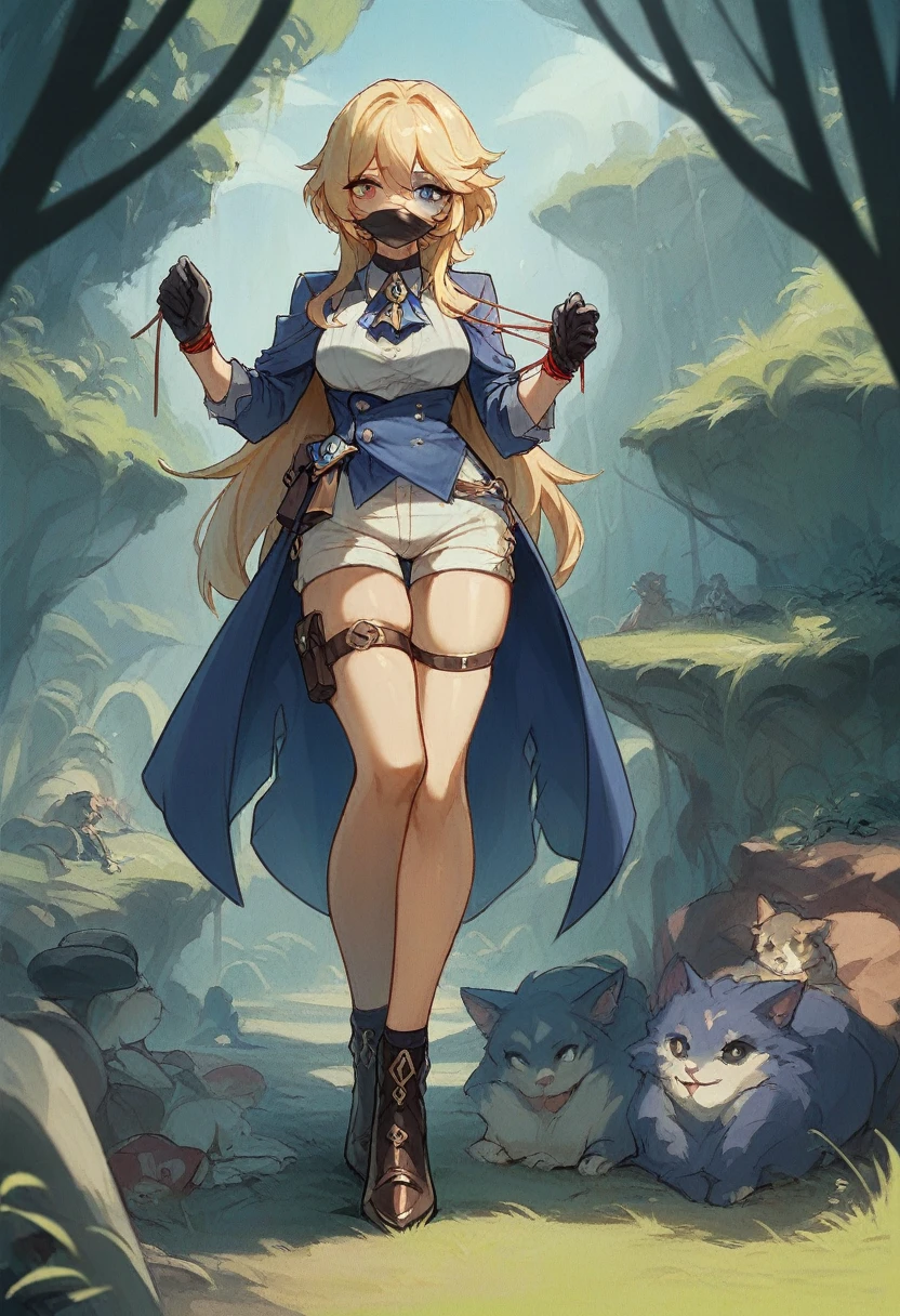 furina \(genshin impact\), heterochromia, top hat, short shorts, mismatched gloves, thigh strap, blue jacket, ascot, high heels, frilled socks, waist cape, bondage, gagged, in jungle 