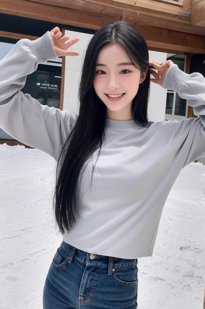22-year-old girl, with gray eyes, pale white skin, slim figure, smiling, black hair, fashionable, photo taken with an ultra-realistic professional camera, she is on a ski mountain