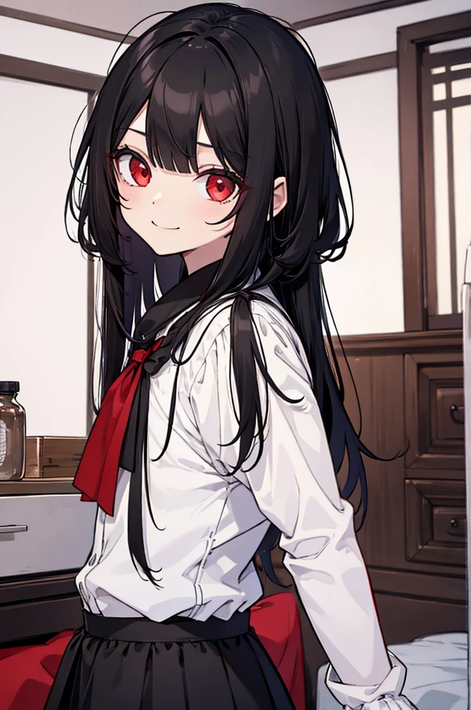 A kid, long straight black hair, long bangs, crimson red eyes, small, cute, short, background in a room, sweet smile and innocent