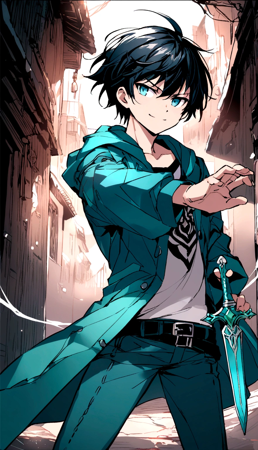 "A -yeld botands with a determined smile on his face, gripping a green dagger firmly in his hand. He is dressed in a blue jacket with intricate stitching, a crisp white t-shirt that fits snugly, and a pair of well-worn blue jeans. His eyes reflect a fierce resolve as he faces forward, his posture radiating confidence and readiness for the challenges ahead."