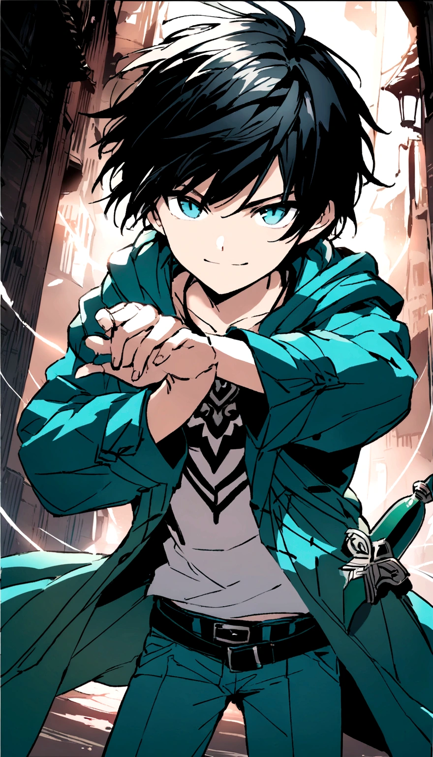"A 16-year-old boy stands with a determined smile on his face, gripping a green dagger firmly in his hand. He is dressed in a blue jacket with intricate stitching, a crisp white t-shirt that fits snugly, and a pair of well-worn blue jeans. His eyes reflect a fierce resolve as he faces forward, his posture radiating confidence and readiness for the challenges ahead."