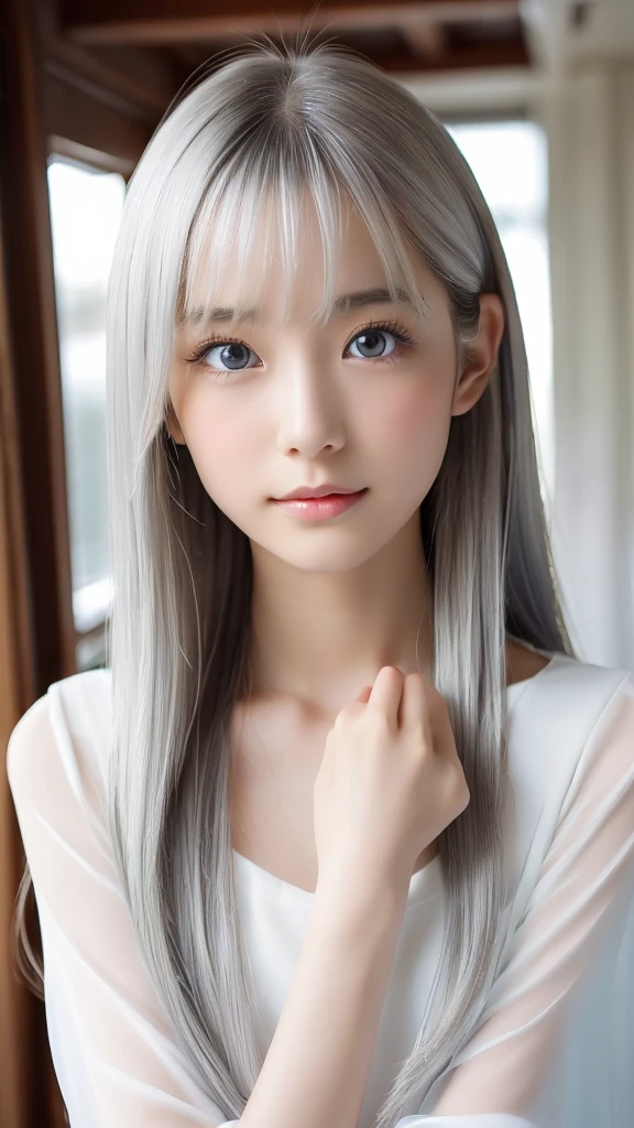 (High exposure:1.8)、(Staring at the viewer as if in love:1.8)、The Shining, clear, White skin、Her windblown silver hair hides her beautiful face..、Huge、Sexy beautiful face of 28 years old、Beautiful straight hair that stands out、growing up, light blue eyes shimmering、Sexy long silky bangs that cover the eyes, Sexy young woman with super long hair hiding her sexy face、The Shining silver hair、(((Sexy Woman)))