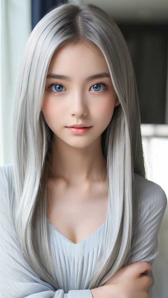 (High exposure:1.8)、(Staring at the viewer as if in love:1.8)、The Shining, clear, White skin、Her windblown silver hair hides her beautiful face..、Huge、Sexy beautiful face of 28 years old、Beautiful straight hair that stands out、growing up, light blue eyes shimmering、Sexy long silky bangs that cover the eyes, Sexy young woman with super long hair hiding her sexy face、The Shining silver hair、(((Sexy Woman)))