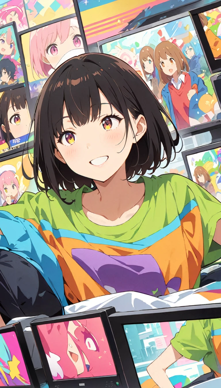 anime style, Ultra-fine illustrations, highly detailed, Dynamic Angle, beautiful detailed, 8k, In front of many CRT TVs, break various programs are being broadcasted. A woman stares at them, break smiling amidst the colorful scenes.(Highest quality、masterpiece、High resolution、detailed)animeスタイル、Flat Style、(Shining Eyes、detailed美しい顔),  break,Dynamic Angle、anime
