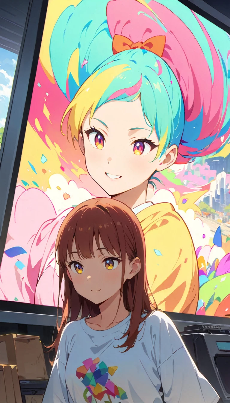 anime style, Ultra-fine illustrations, highly detailed, Dynamic Angle, beautiful detailed, 8k, In front of many CRT TVs, break various programs are being broadcasted. A woman stares at them, break smiling amidst the colorful scenes.(Highest quality、masterpiece、High resolution、detailed)animeスタイル、Flat Style、(Shining Eyes、detailed美しい顔),  break,Dynamic Angle、anime