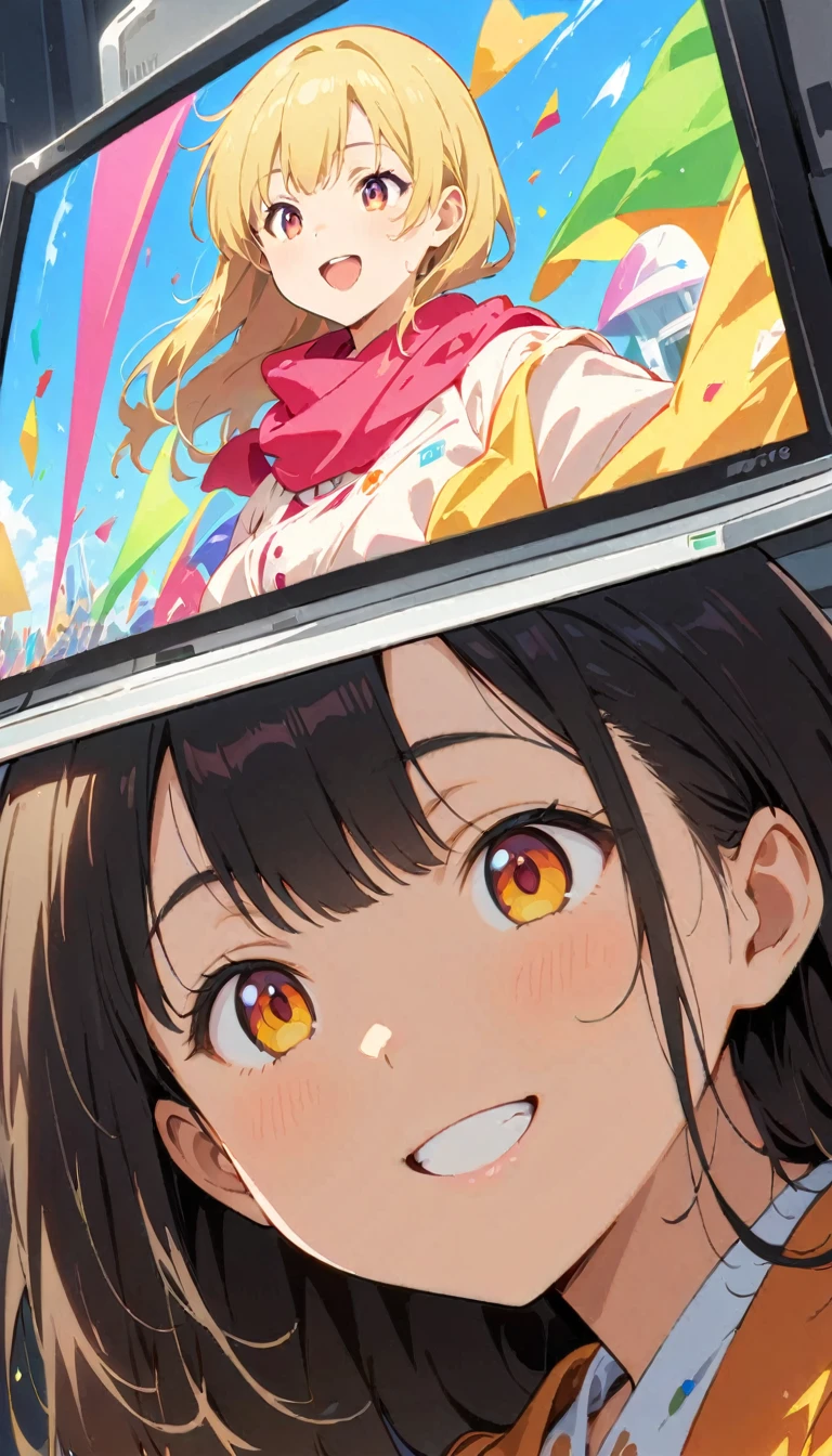 anime style, Ultra-fine illustrations, highly detailed, Dynamic Angle, beautiful detailed, 8k, In front of many CRT TVs, break various programs are being broadcasted. A woman stares at them, break smiling amidst the colorful scenes.(Highest quality、masterpiece、High resolution、detailed)animeスタイル、Flat Style、(Shining Eyes、detailed美しい顔),  break,Dynamic Angle、anime